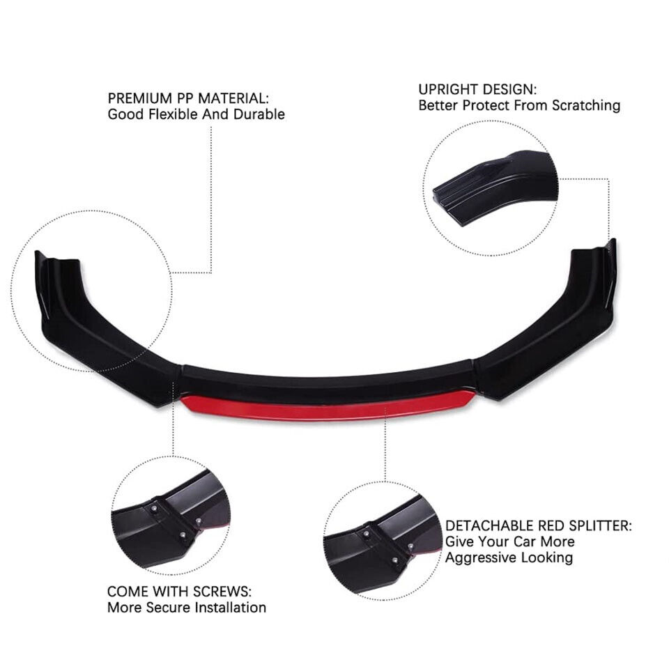 Universal Car Front Bumper Lip Chin Body Kit Black + Red